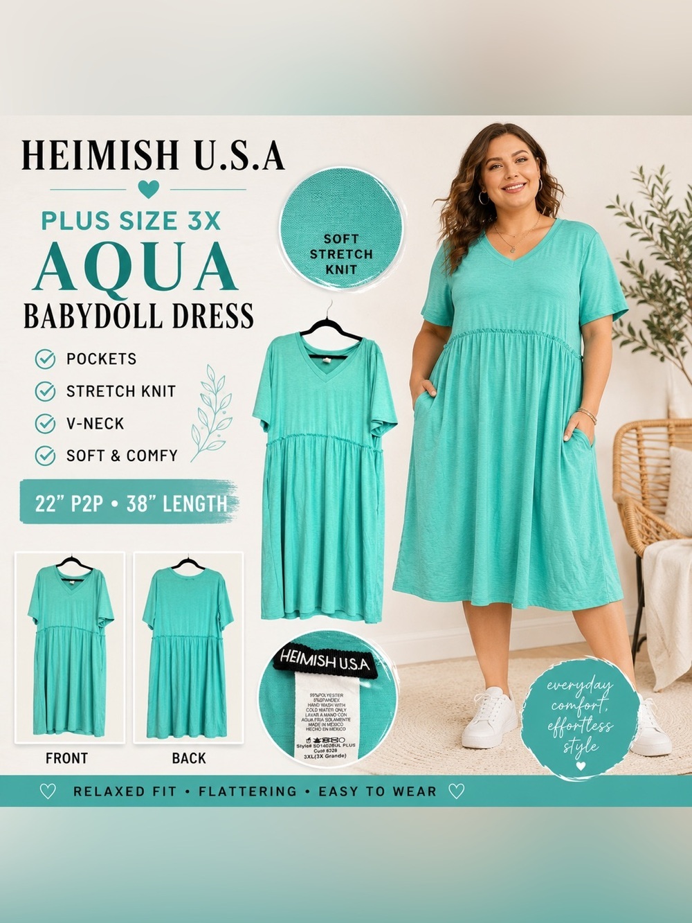 HEIMISH USA Plus Size 3X Aqua Babydoll Midi Dress Pockets Stretch